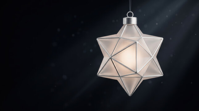 Silver geometric star Christmas ornament hanging on dark background