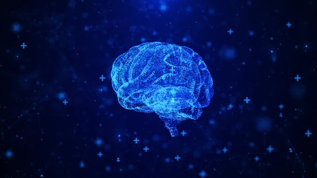 Glowing blue particles human brain network lines medical move dark space. artificial intelligence, neuroscience, healthcare technology, machine learning, diagnostics, research, medical presentations.