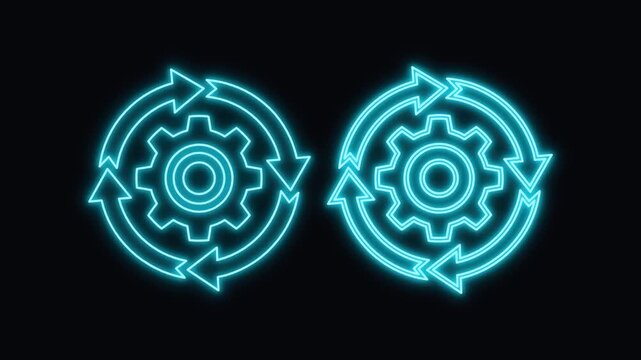 Cyan neon gear icon with rotating arrows on black background settings neon