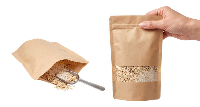 hand holding a kraft paper stand up pouch filled with oats