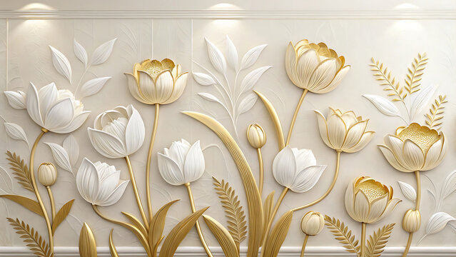 White tulip flowers and golden botanical relief on light background with gold botanica