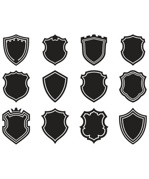 Collection of various black shield shaped frames and emblems for design projects
