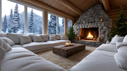 Obraz premium Cozy cabin living room with stone fireplace, snowy forest view, warm lighting, rustic wood ceiling, winter atmosphere