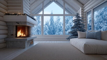 Obraz premium Cozy cabin interior with fireplace, snowy forest view, large windows, decorated tree, peaceful winter atmosphere