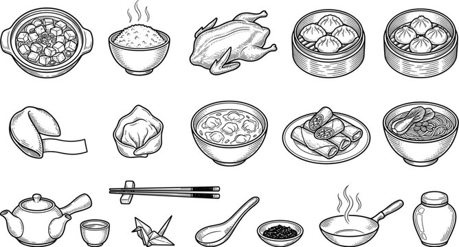 Chinese food and Asian cuisine engraved line art vector icons set with dim sum dumplings noodles wok and teapot