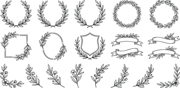 Hand drawn sketch illustration of floral laurel wreath set leaves frames ribbons branches shield dividers vintage borders vector line art.