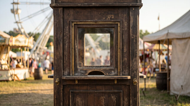 Ticket booth window close-up at a summer fairground  