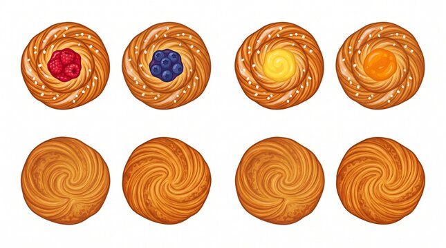Selection of danish pastries with fruit fillings and plain golden crusts breakfast blueberry delicious pastries