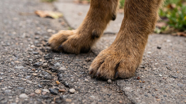 Dog's paws walking on a textured sidewalk in a residential area  