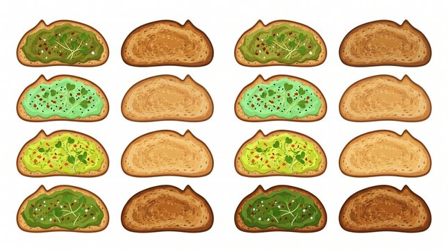Collection of toasted bread slices with herb toppings and plain options breakfast isolated collection assorted