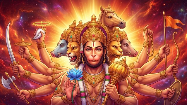 Panchmukhi Hanuman &ndash; Five-Faced Divine Protector with Cosmic Power.