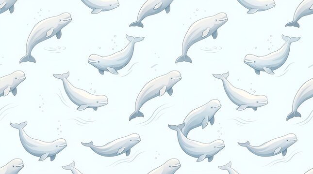 A subtle, minimalist seamless pattern featuring pale, soft-colored beluga whales swimming against a light pastel blue background.