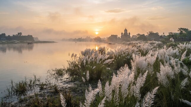 Serene dawn scene over misty river with white Kash Phool grass