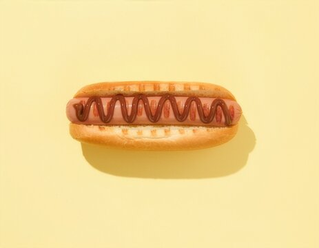 grilled hot dog with chocolate sauce in bun on yellow background