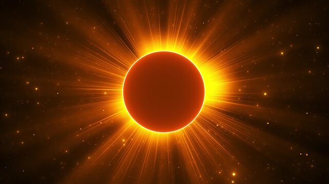 Fiery orange solar eclipse glows golden corona, sunbeams, floating stars in dark space. astronomy documentaries, cosmic events, science programs, celestial energy themes, dramatic title sequences.