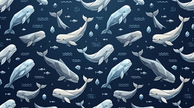 A modern, seamless background pattern featuring stylized beluga whales with geometric, faceted textures on a dark blue background.