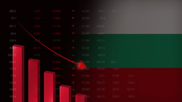 Economic crisis in Bulgaria concept background.Red falling graph animation with Bulgarian flag.Stock market crash