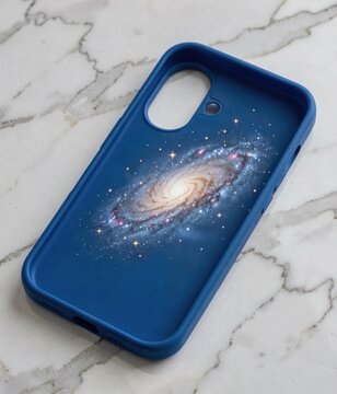Blue smartphone case with galaxy and star design layout