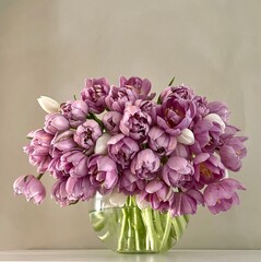 Fototapeta premium Bouquet of purple double tulips in a round glass vase on a minimal background