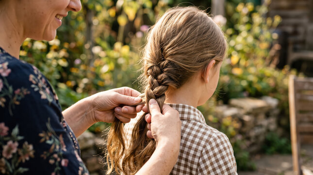 Mother braiding her daughters hair outdoors for loving family care, childhood grooming and bonding concept