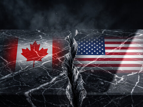 cracked marble slab with flags of canada and usa symbolizing geopolitical rift international conflict split stone surface and strained relations between two neighboring nations