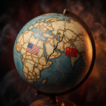 cracked globe with usa and china flags demonstrates confrontation and rivalry between two leading economic powers in a globalized world