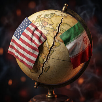 cracked globe wrapped in usa and iran flags reflects an international crisis and the complexity of diplomatic relations on a dark background