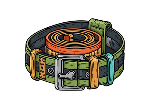 Rolled up utilitarian belt with metal buckle and fabric loops