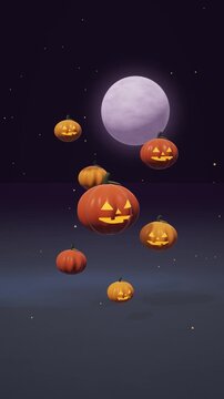 Floating Jack O Lanterns Orbiting Under Purple Full Moon