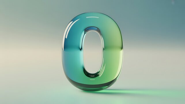 Glossy green number zero standing upright on a soft pastel background