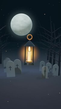 Cemetery Lantern Glowing Among Graves Under Full Moon