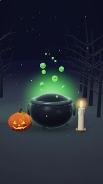Witch Cauldron Bubbling Green Potion With Candle and Pumpkin