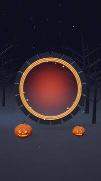 Glowing Orange Magic Portal With Halloween Pumpkins at Night