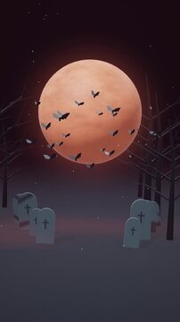 Blood Moon With Flying Bats Over Halloween Graveyard