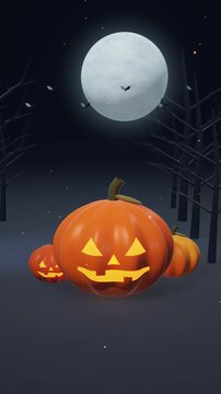 Glowing Jack O Lanterns Under Full Moon on Halloween Night