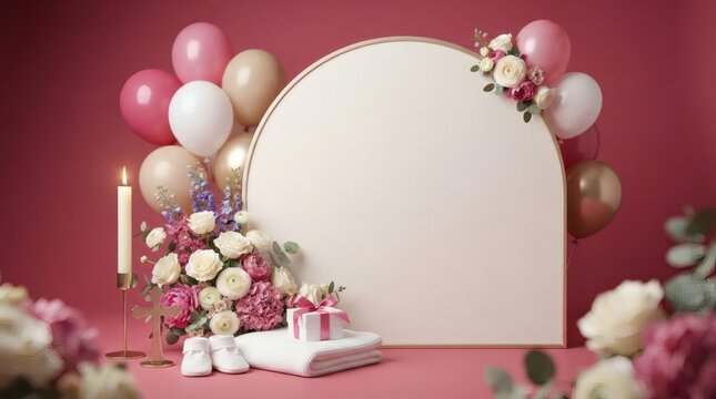 Christening baptism celebration backdrop mockup with pink balloons and flowers