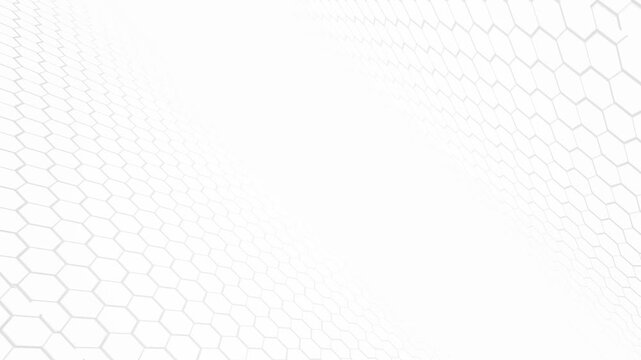 Honeycomb mesh fades inward sides, generous copy space minimal geometric scene. tech presentations, medical graphics, bio19, science reports, corporate branding, web banners, modern titles.