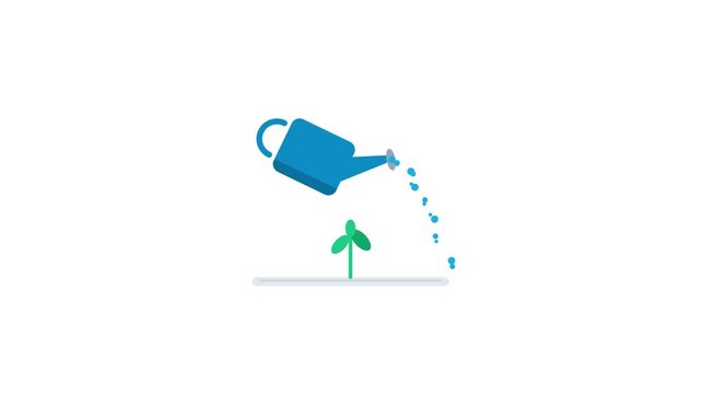 Minimalist flat design animation of a blue watering can pouring water droplets onto a small green sprout seedling growing from the ground, representing nature conservation and business growth.