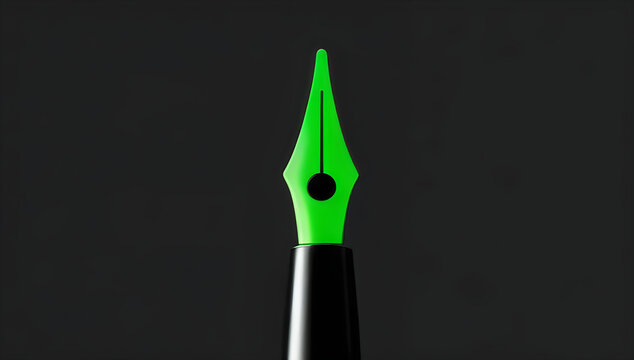 Bright green fountain pen nib on a dark gray background illustration