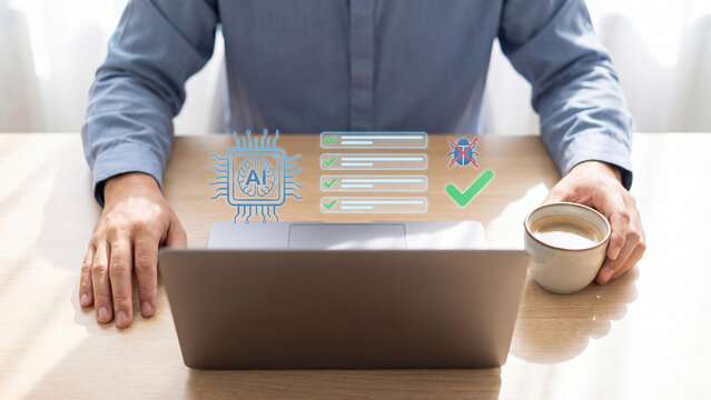 Artificial intelligence bug fixing and software quality testing. Developer at laptop with coffee cup and AI brain chip hologram showing verified checklist and removed malware for secure code review