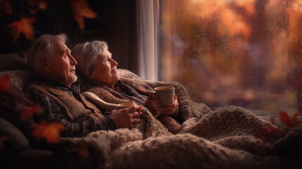 Fototapeta premium close up intimate autumn evening scene of an elegant elderly couple relaxing together on a comfortable sofa, watching television news, their faces