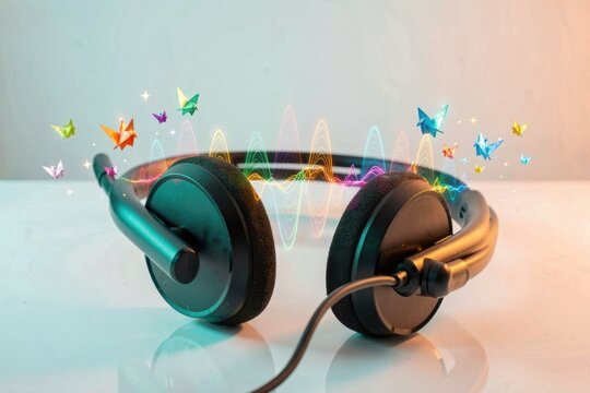 Black headphones resting with colorful origami birds and audio waves