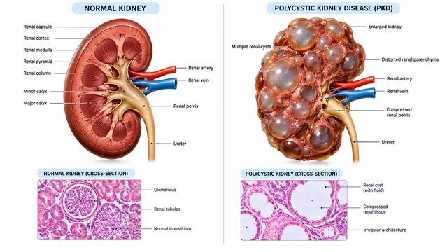Professional 3D medical infographic comparing normal kidney anatomy with polycystic kidney disease, showing renal cysts, tissue distortion, and detailed cross-sectional structures in clean textbook st