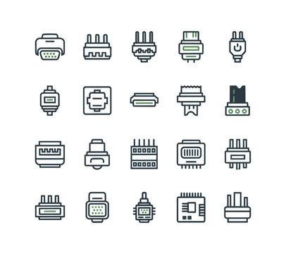 Collection of electronic connectors and ports icons isolated on black background