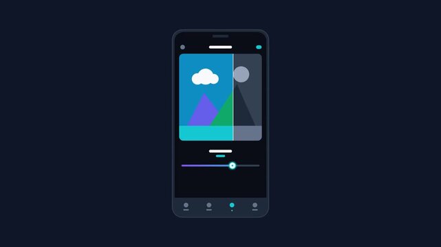 Flat animation of a mobile photo editing application interface showing color saturation adjustment on a mountain landscape image using a slider tool on a generic smartphone screen mockup.