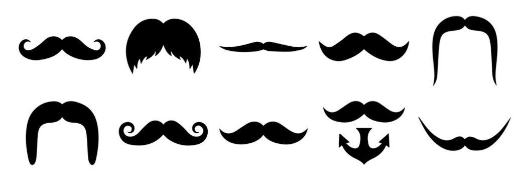 Mustache, beard, facial, hair, barber, grooming, hipster, vintage, silhouette and vector icon set