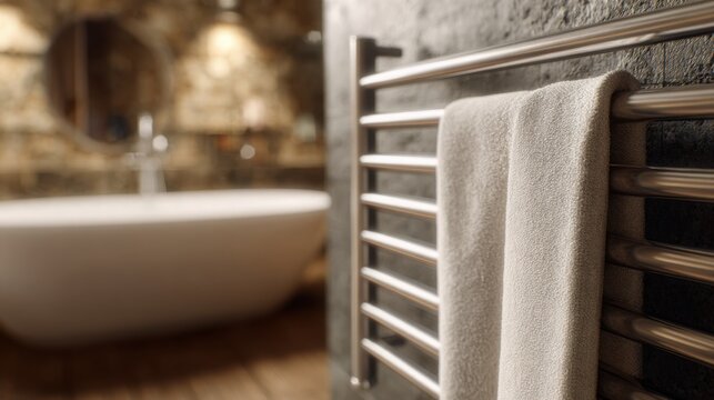 close up of a luxurious heated towel rail in a modern spa style bathroom, soft white towels hanging neatly, warm metallic surface sharply in focus