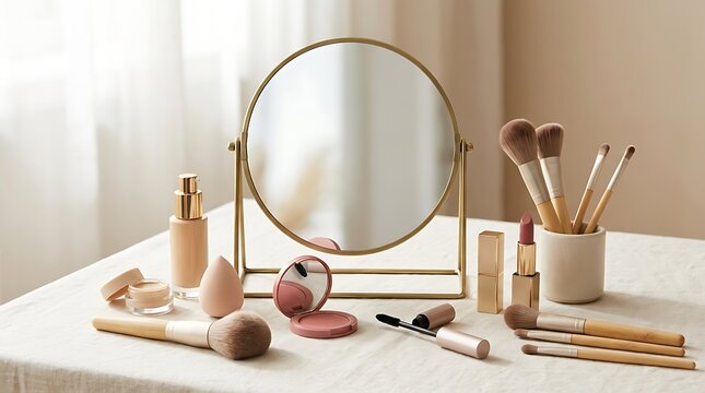 Cosmetic makeup products and brushes arranged around a round vanity mirror on a table. basic cosmetics guide
