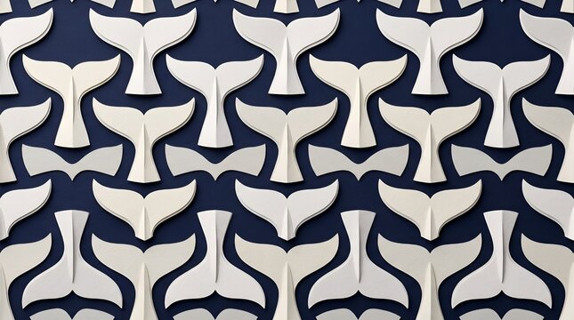 A high-contrast, geometric tessellation pattern featuring interlocking navy and white whale tails.