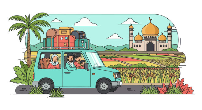 Family in van driving through countryside for Eid.